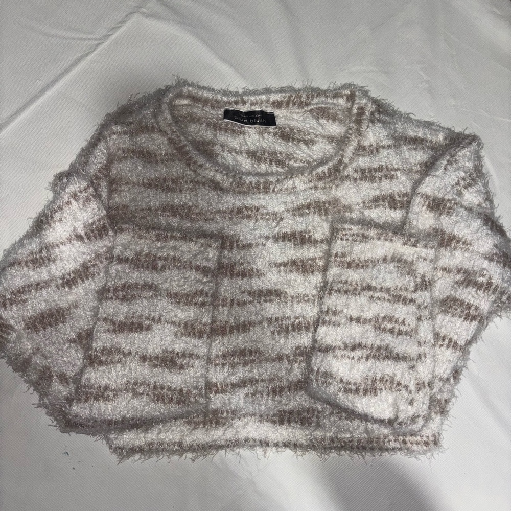Blue Blush Fuzzy Striped Sweater - Cream and Brown